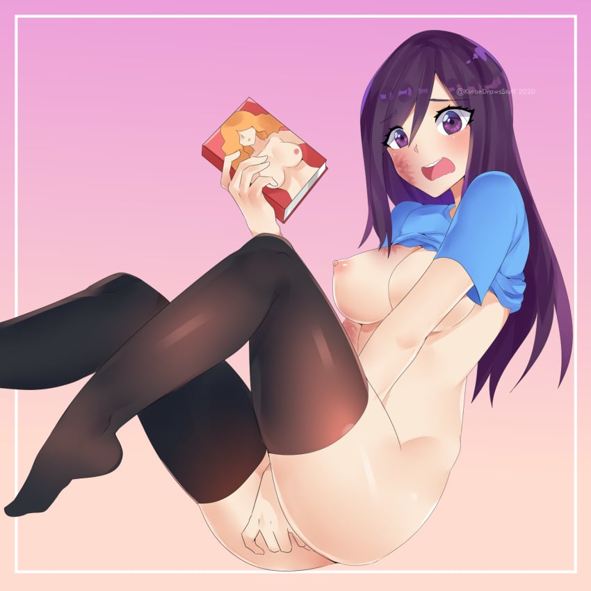 1girls breasts burn_scar caught_masturbating clothing dark_hair embarrassed erect_nipples female female_only fingering fingering_self ikezawa_hanako katawa_shoujo kuroe_prime kuroeart long_hair looking_at_viewer masturbation purple_eyes purple_hair shy solo stockings thighhighs