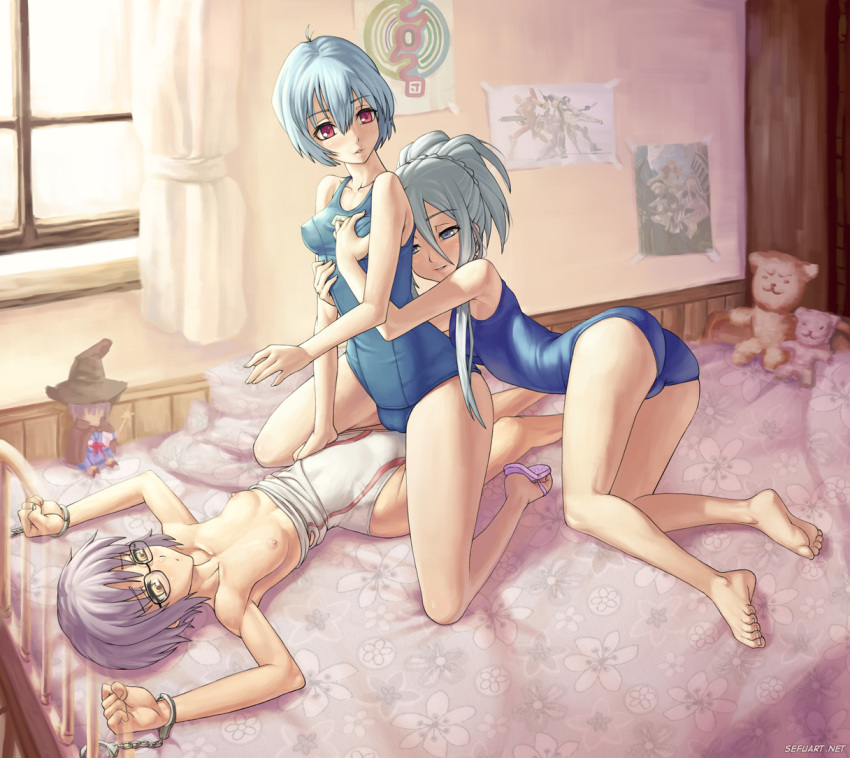 armpits ass barefoot bed bent_over blue_eyes blue_hair bondage breast_grab breasts chrome_shelled_regios competition_swimsuit crossover cuffs doll erect_nipples eyewear feet felli_loss female female_only flat_chest glasses grope groping group_sex hair handcuffs human kneeling kuudere legs lying multiple_females multiple_girls nagato_yuki naughty_face neon_genesis_evangelion nipples on_back one-piece_swimsuit open_toe_shoes red_eyes rei_ayanami sandals school_swimsuit sefuart sex short_hair silver_hair small_breasts smile stuffed_animal stuffed_toy suzumiya_haruhi_no_yuuutsu swimsuit swimsuit_pull teddy_bear threesome trait_connection window yellow_eyes yuri