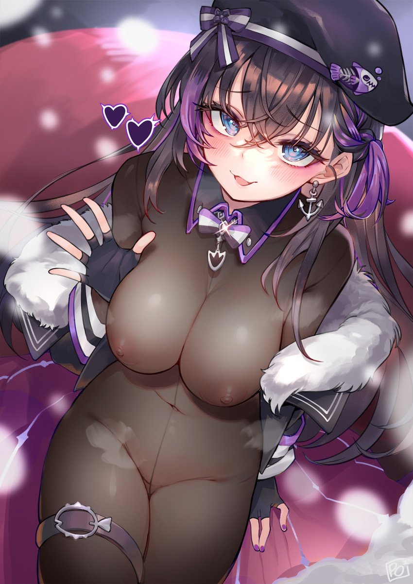 1girls alternate_costume anchor_earrings belly_button beret big_breasts black_gloves black_hair blue_eyes blush blush_lines bodysuit breasts coat earrings fingerless_gloves fur_trim gloves hair hair_between_eyes heart hi_res highres leg_strap long_hair looking_at_viewer looking_up nail_polish navel nijisanji nijisanji_en off_shoulder petra_gurin pollenoxide purple_hair purple_nails ribbon see-through see-through_clothing solo solo_female solo_focus steamy_breath thigh_strap thighs tight_clothes tight_clothing tights top_view two-tone_hair variant viewed_from_above virtual_youtuber