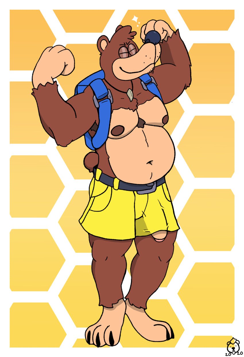 anthro armpit_hair backpack bag banjo-kazooie banjo_(banjo-kazooie) baron_montesque belt body_hair bottomwear brown_body brown_fur bulge cel_shading chest_tuft clothed clothing flexing foreskin fur genital_outline genitals hi_res jewelry male male_only mammal necklace overweight overweight_anthro overweight_male penis penis_out penis_out_of_shorts penis_outline rareware shaded shorts smile solo toony tuft uncut ursid video_games