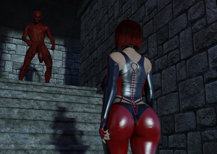 1boy 1girls 3d ass big_penis bloodrayne corset daz3d daz_studio elbow_gloves latex latex_suit monster penis rayne red_monster red_penis vgbabes3d