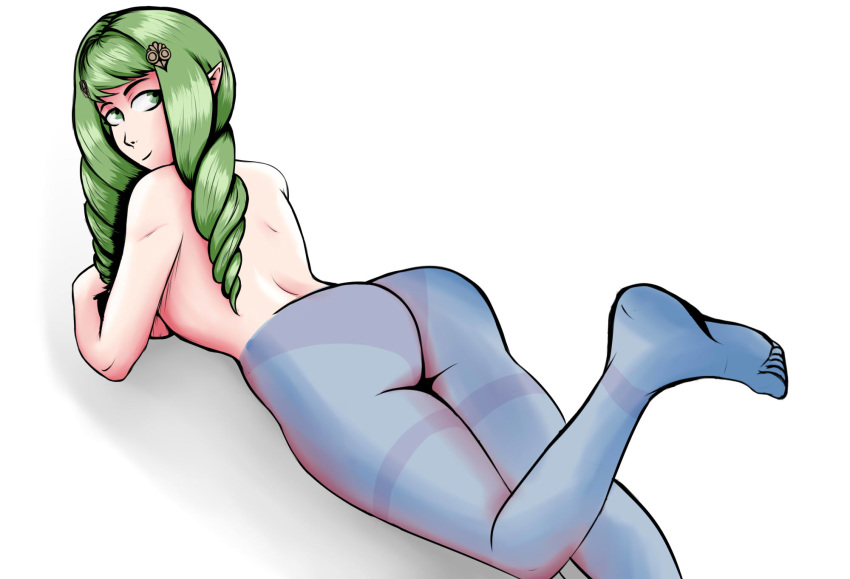 1girls arant_king ass back back_view bare_back barefoot big_ass feet feet_up fire_emblem fire_emblem:_three_houses flayn_(fire_emblem) green_eyes green_hair long_hair looking_at_viewer nintendo on_stomach panties pantyhose pointy_ears see-through simple_background smile solo solo_female topless