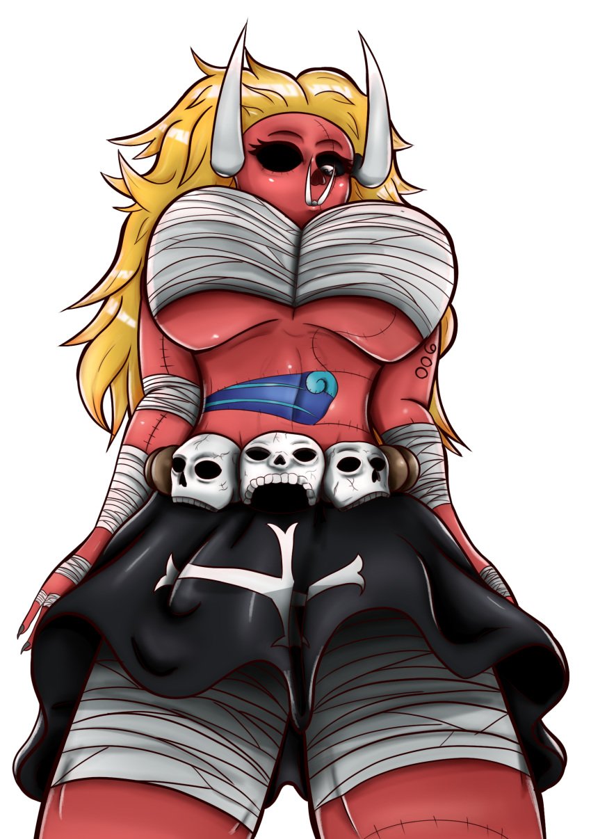 1girls ancient_giant bandage bandages black_eyes black_skirt blonde_hair bottom_view clear_background fangs female female_only giantess horns kage_kage_no_mi kaijufang looking_at_viewer looking_down_at_viewer low-angle_view oars one_piece pirate red_skin rule_63 sharp_teeth skirt skull_belt stitched stitches thriller_bark zombie zombie_girl