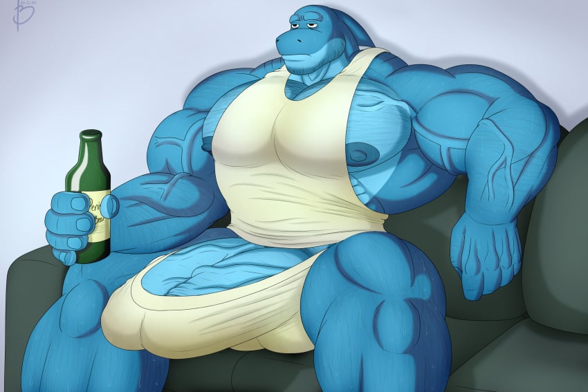 1boy 3:2 5_fingers alcohol alternate_version_at_source anthro bayron_(artist) beard beer beer_bottle beverage big_balls big_pecs big_penis black_eyes blue_body bodily_fluids body_hair boner bottle bulge chest_hair clothed clothing diphallia diphallism dirty_clothing dirty_underwear erect_nipples erection facial_hair fingers fish fully_clothed furniture genitals gideon_(bayron) hairy hi_res holding_object male male_only marine multi_genitalia multi_penis muscular muscular_anthro muscular_male musk nipples pecs penis photo shark shirt signature simple_background sitting sofa solo solo_male sweat sweatdrop tank_top topwear underwear underwear_pull vein veins veiny_muscles veiny_penis watermark white_background