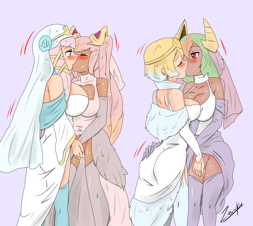 4girls ass big_breasts bride female_only fingering fire_emblem fire_emblem_heroes fjorm_(fire_emblem) gunnthra_(fire_emblem) kissing laegjarn_(fire_emblem) laevatein_(fire_emblem) large_breasts multiple_girls nintendo wedding_dress wife_and_wife yuri zronku