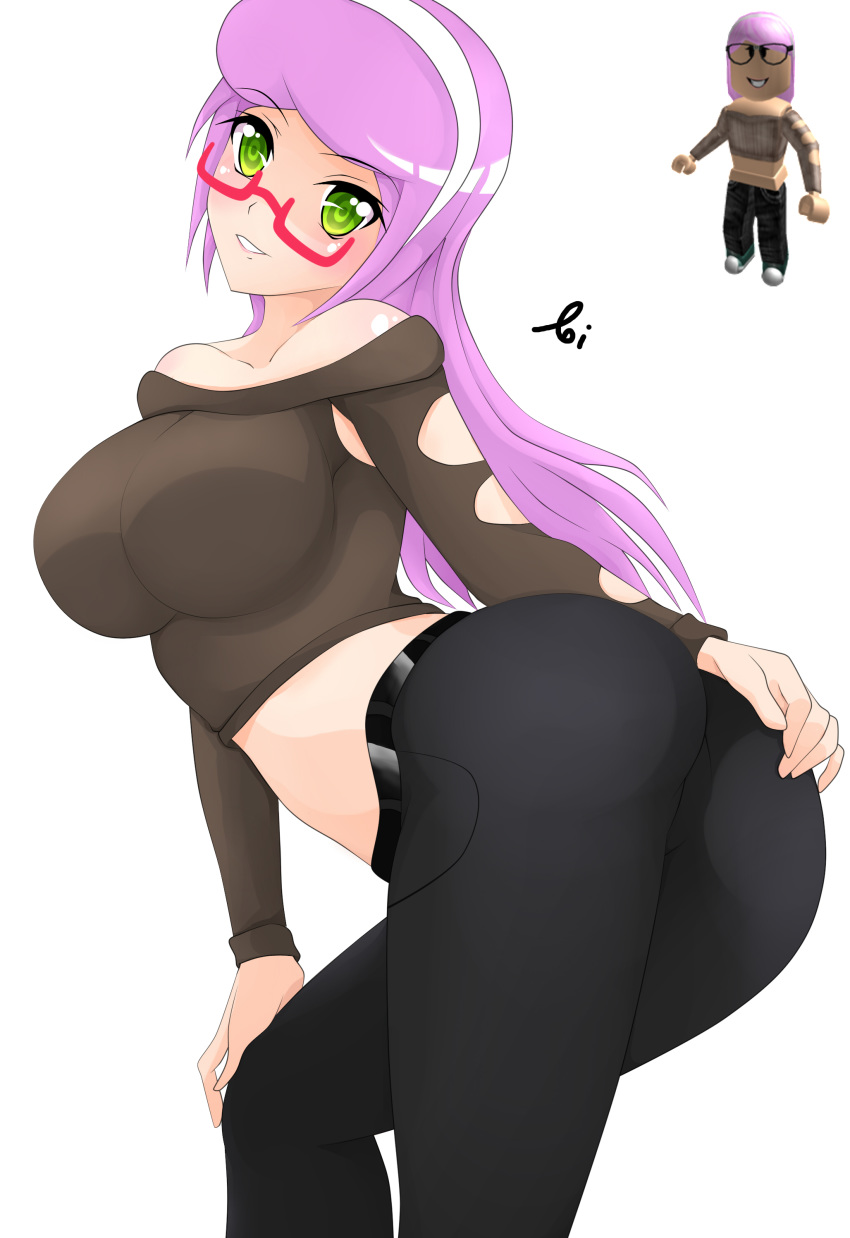 1girls ao1sweet aoitamon artist_signature ass belt big_breasts black_belt black_legwear black_pants breasts brown_shirt clothed clothed_female collarbone crop_top female female_only glasses green_eyes hairband hand_on_ass hand_on_knee jeans legwear long_hair long_sleeves looking_at_viewer open_mouth pale-skinned_female pale_skin pants pink_hair pussy_outline red_glasses roblox roblox_avatar simple_background smile solo solo_female stomach thighs white_background white_hairband