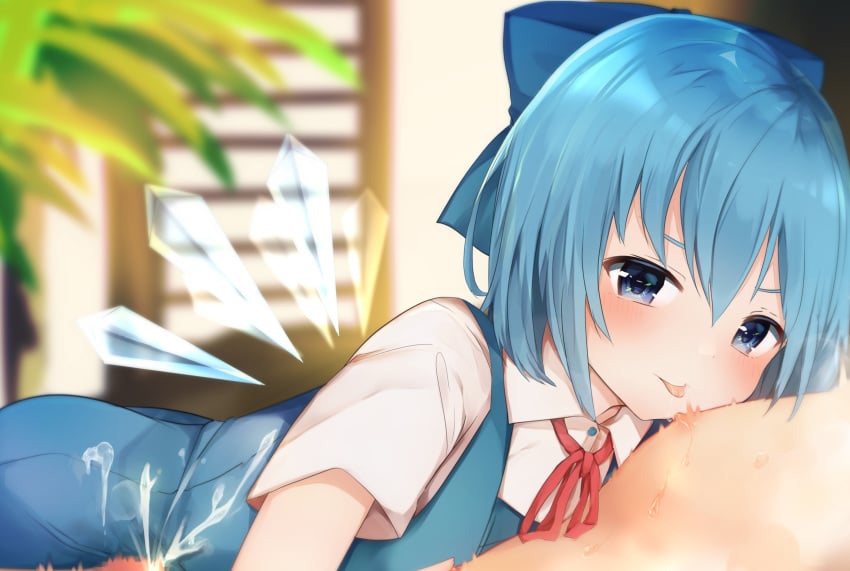 1boy 1boy1girl 1girls blue_dress blue_eyes blue_hair blue_ribbon bow cirno clothed clothed_female clothed_female_nude_male clothing collared_shirt cum cum_on_clothes dress dress_shirt ejaculation faceless_male female female_focus fully_clothed hairbow head_out_of_frame highres ice ice_wings karasusou_nano licking licking_male_nipple looking_at_viewer male male_nipple_licking nipple_licking penis photo pinafore_dress red_ribbon ribbon shirt short_hair short_sleeves straight tongue tongue_out touhou white_shirt wings young