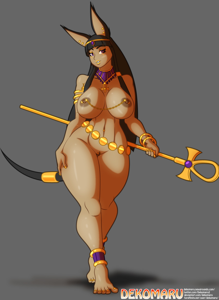 animal_humanoid ankh big_breasts breasts canid canid_humanoid canine canine_humanoid clitoris clitoris_piercing dekomaru ear_piercing egyptian egyptian_mythology female genital_piercing genitals grey_body hand_on_hip hi_res holding_object holding_staff humanoid jackal_humanoid linked_nipples mammal mammal_humanoid navel navel_piercing nipple_chain nipple_piercing nipples piercing pussy pussy_piercing solo staff text url wide_hips