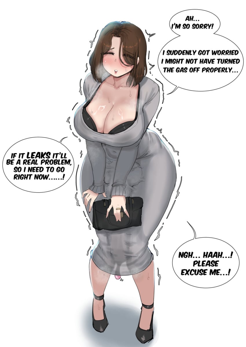 1futa big_breasts breasts condom condom_on_penis eggcandy english_dialogue english_text erection erection_under_clothes futa_focus futa_only futanari hidden_penis hiding_erection huge_breasts huge_cock milf penis_under_dress shivering solo solo_futa text