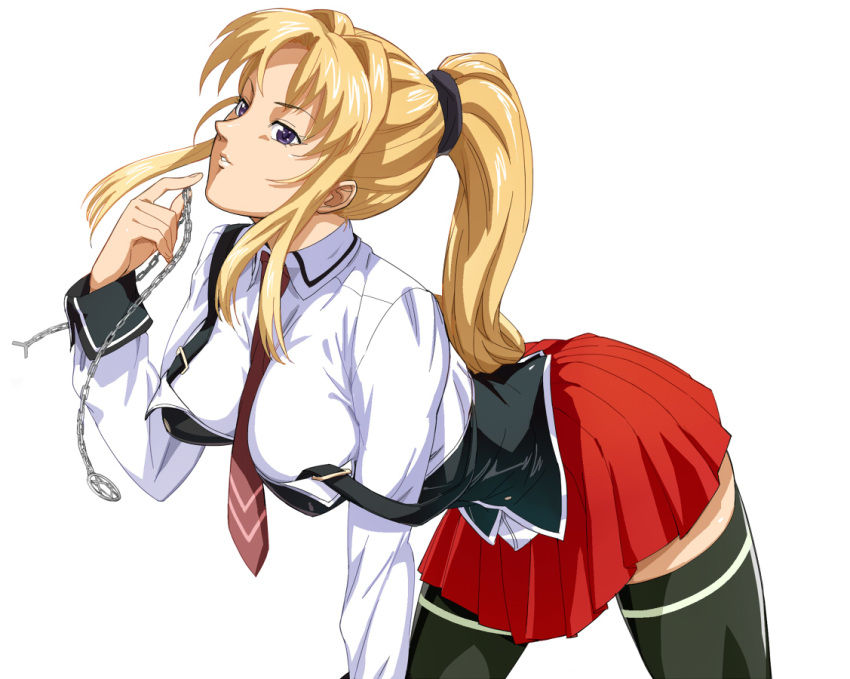 1girls 2015 academy_uniform_(bible_black) all_fours ass back bible_black big_ass blonde_hair breasts chains clothed clothing eyebrows_visible_through_hair female female_only fully_clothed hexagram highres holding_object large_breasts long_hair long_ponytail looking_at_viewer miniskirt necktie necktie_between_breasts opocom pentagram pleated_skirt ponytail purple_eyes red_skirt saeki_kaori school_uniform simple_background skirt solo strap_slip teeth thick_thighs thighhighs thighs tied_hair uniform volvox white_background zettai_ryouiki