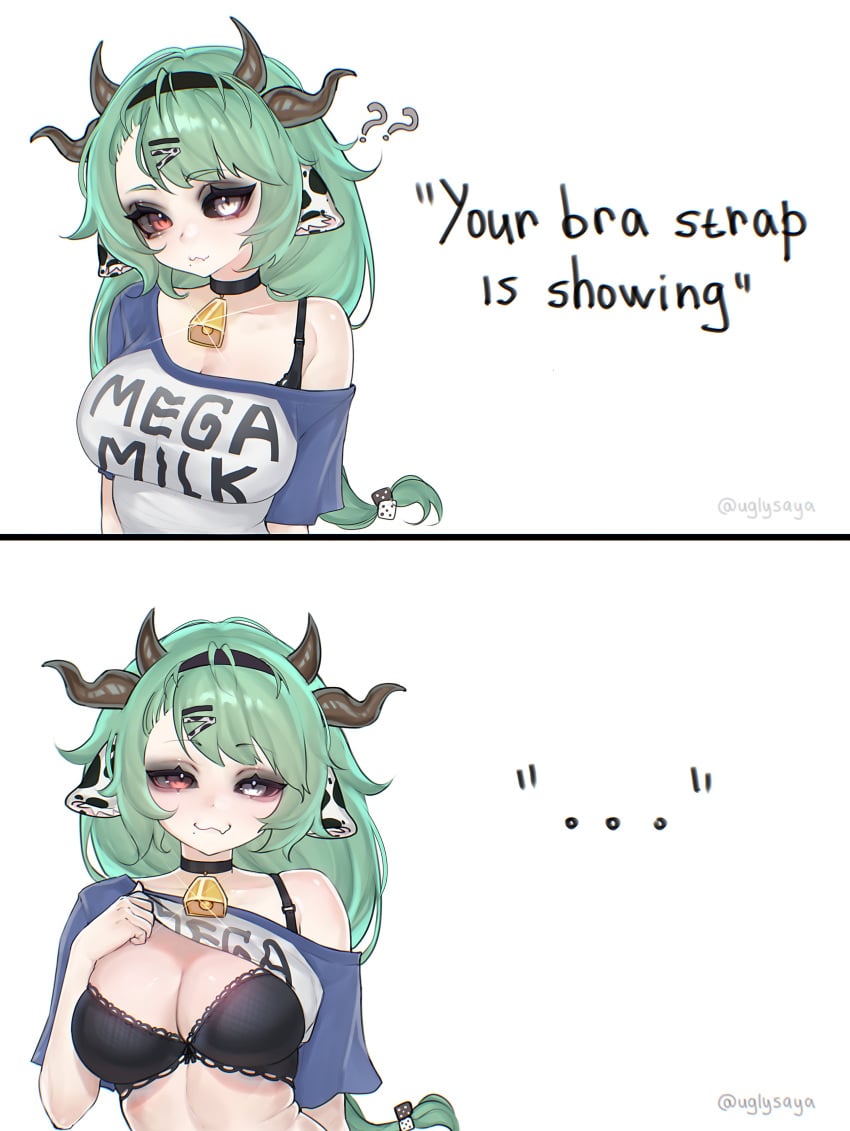 ... 1girl 1girls ? ?? absurdres animal_ears bell big_breasts black_bra black_sclera blue_shirt bra breasts choker cleavage closed_mouth clothes_lift colored_sclera commentary cow_ears cow_girl cow_horns cowbell crelly dice_hair_ornament english_text female green_hair grey_sclera hair_ornament hairband heterochromia highres horns indie_virtual_youtuber large_breasts long_hair looking_at_viewer mega_milk meme mismatched_sclera mole mole_under_mouth ponytail red_eyes shirt shirt_lift single_off_shoulder tits two-tone_shirt uglysaya underwear untranslatable_commentary virtual_youtuber vtuber white_background white_shirt your_bra_strap_is_showing_(meme)