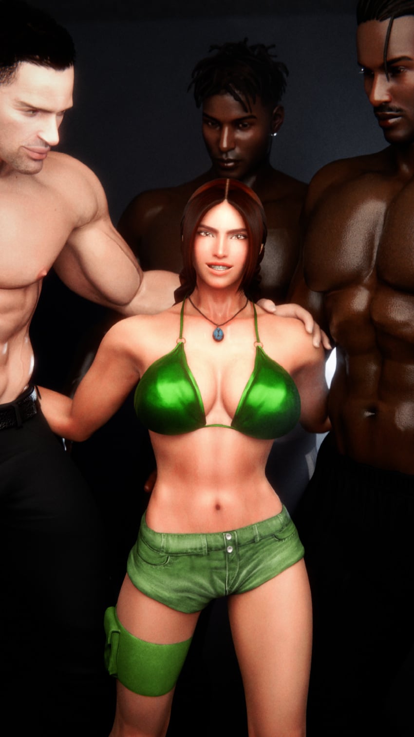 1girls 3boys 3d bikini bikini_top blender brown_eyes brown_hair clothing dark-skinned_male female forsavide freckles imminent_gangbang julia_chang large_breasts male muscular_male namco non_nude shorts size_difference tekken tekken_7 twin_braids