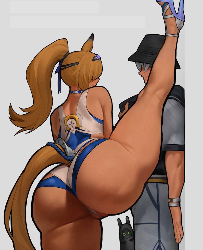 1boy 1girls against_wall animal_ears ass ass_focus assertive assertive_female big_ass blonde_hair blonde_tail child_bearing_hips curvaceous curvaceous_body curvaceous_female curvaceous_figure curvaceous_hips curvaceous_thighs fat_ass female grey_hair hair_over_eyes hat heels horse_girl huge_ass large_ass leg_up looking_at_each_other male massive_ass official_alternate_costume pulling_clothing pussy_floss rear_view shoes sigrid_de_l'azur sigrid_de_l'azur_(majestic_wavechaser) spiralnoww swimsuit tail thick_ass thick_thighs thiren thunder_thighs waifu wide_hips wise_(peaceful_waves)_(zenless_zone_zero) wise_(zenless_zone_zero) zenless_zone_zero