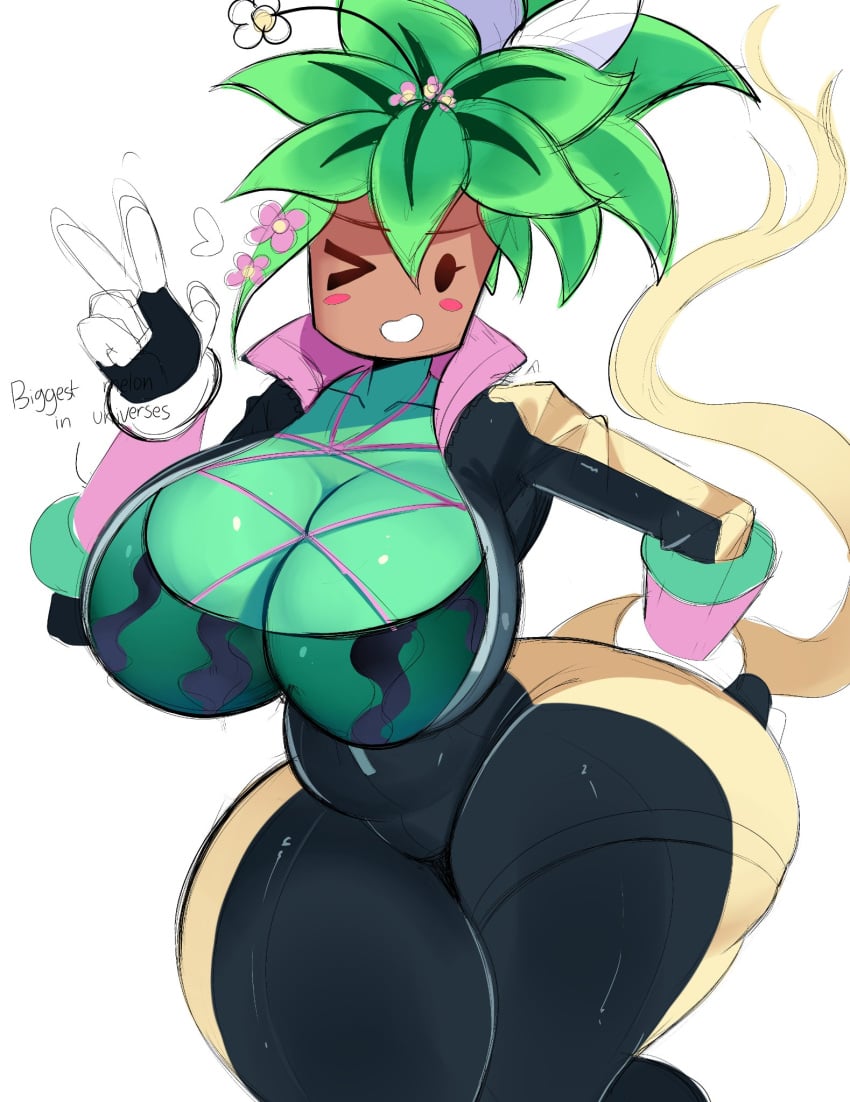 1girls 2d 2d_(artwork) barely_contained_breasts big_ass big_boobs big_breasts big_thighs blaster_master blaster_master_zero_2 boobs breasts female female_only flower_in_hair fully_clothed fully_clothed_female green_hair green_skin hips huge_boobs huge_breasts huge_thighs humanoid humanoid_female kanna_(blaster_master) leaf_hair looking_at_viewer peace_sign plant_girl plant_humanoid reinsleif rox_hoxten smiling smiling_at_viewer tail thick_thighs thighs tight_clothing tight_suit wide_hips winking_at_viewer