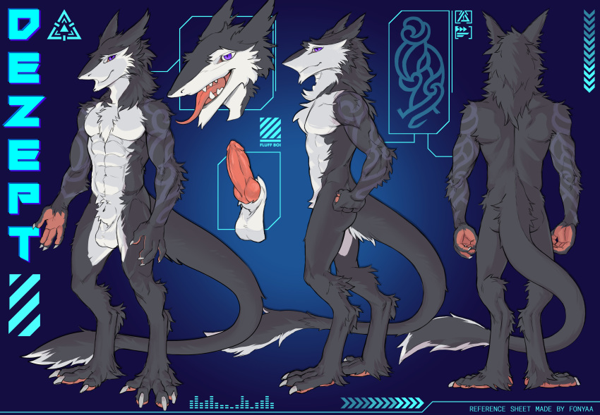 absurd_res animal_genitalia anthro athletic balls claws dezept english_text fingers fonyaa genitals hi_res knot long_tail male model_sheet nude open_maw penis sergal sheath solo standing teeth text tongue tongue_out