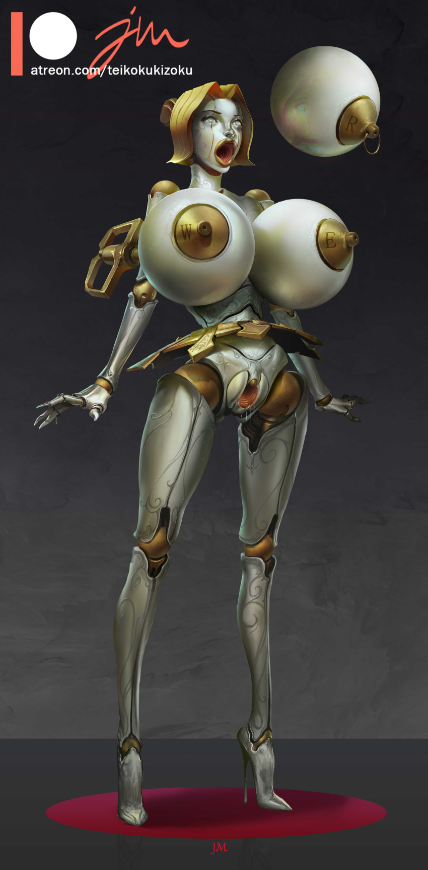 absurd_res alternate_body_type alternate_breast_size android big_breasts bimbo bimbo_robot_girl bodily_fluids breasts breasts_bigger_than_head bronze_(metal) built-in_high_heels clitoris clockwork clothing female female_only footwear gaping gaping_pussy genital_fluids genitals hi_res high_heels huge_breasts humanoid jm league_of_legends long_legs machine metal_hair metallic_body multicolored_body nipple_piercing nipple_ring nipples open_mouth orianna patreon piercing pseudo_hair pussy pussy_juice pussy_mouth riot_games robot shoes silver_body silver_eyes small_waist solo standing steampunk video_games wind-up_key