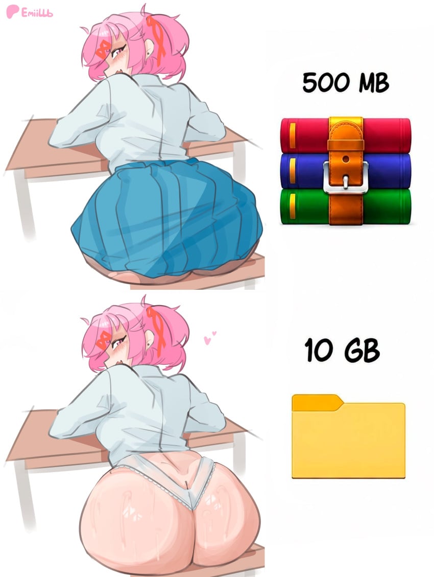 1girls 2026 2d 2d_(artwork) artist_name ass ass_cleavage ass_crack ass_focus bedroom_eyes big_ass big_butt blush blush_lines blushing bubble_ass bubble_butt butt butt_crack butt_focus clothed clothed_female clothing decompressed_file_meme doki_doki_literature_club ear_piercing earrings emiillb english_text female female_only hair_ornament hi_res highres hourglass_figure huge_ass huge_butt large_ass large_butt light-skinned_female light_skin looking_at_viewer looking_back midriff natsuki_(doki_doki_literature_club) panties pigtails pink_eyes pink_hair school_uniform schoolgirl schoolgirl_uniform short_hair skimpy skimpy_clothes skin_fang skirt slim slim_waist smile smiling smiling_at_viewer solo solo_female sweat sweatdrop sweating sweaty sweaty_ass sweaty_body sweaty_butt text tied_hair waist watermark