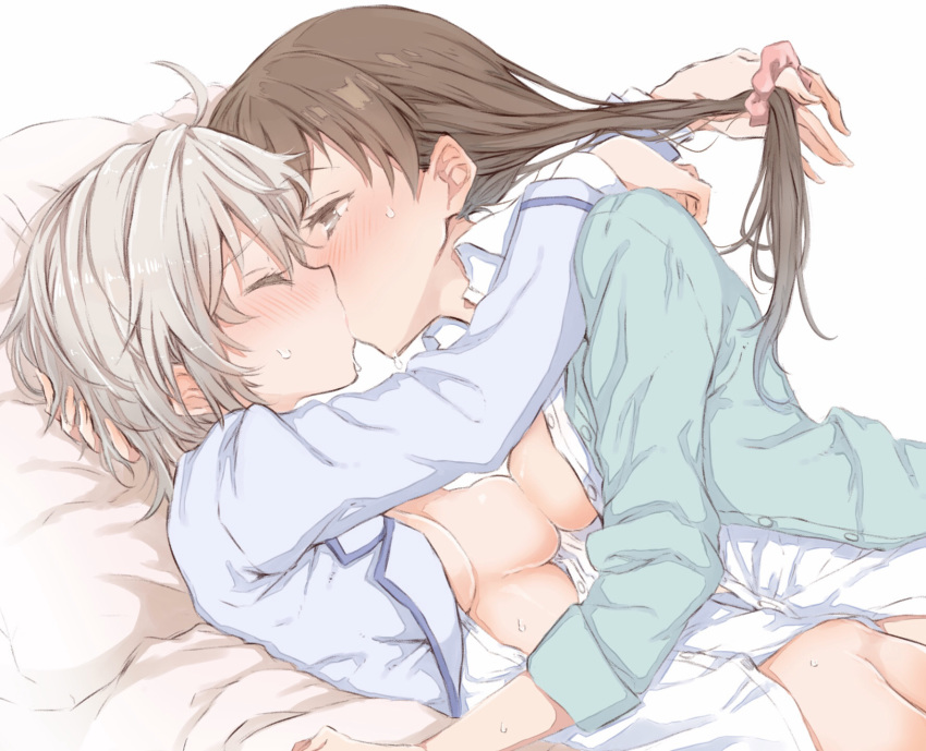 2girls anastasia_(idolmaster) blush bottomless breasts_out brown_hair closed_eyes female_only idolmaster idolmaster_cinderella_girls kissing multiple_girls nitta_minami on_bed open_shirt partially_clothed sweat white_hair yuri