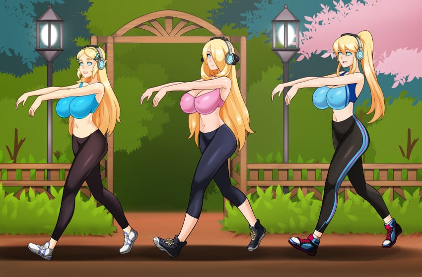 3girls absurd_res blonde_female blonde_hair breath_of_the_wild commission cynthia_(pokemon) erect_nipples hair_covering_one_eye happy_trance headphones huge_breasts hypnosis large_breasts metroid midriff mind_control multiple_girls navel nintendo open_mouth pointy_ears pokemon ponytail princess_zelda samus_aran shinzu031 smile spiral_eyes tech_control the_legend_of_zelda workout_clothes zelda_(breath_of_the_wild) zombie_walk