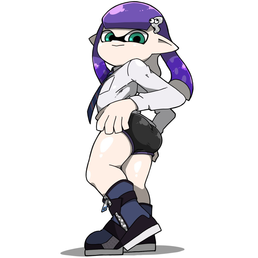 1girls dress_shirt green_eyes hairclip inkling inkling_girl nintendo omoitukan2 pulling_up_pants purple_hair splatoon splatoon_2 tie tight_shorts