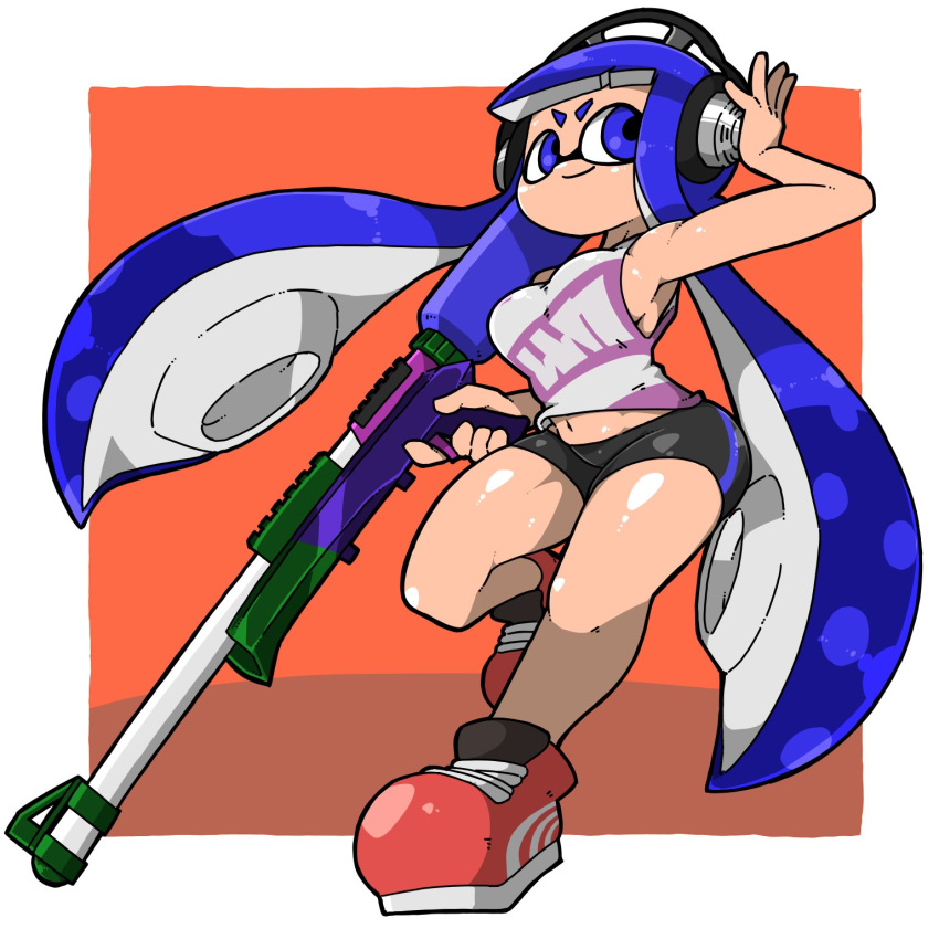 1girls ass blue_eyes blue_hair clothing headphones headphones_(splatoon) headphones_chan inkling inkling_girl nintendo no_bra omoitukan2 short_shorts smiling splatoon splatoon_(manga) tank_top tentacle_hair thick_thighs tight_clothing weapon