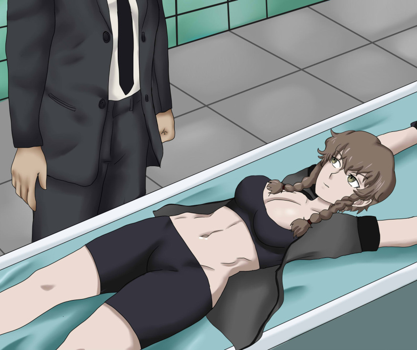 abs agent_smith amane_suzuha bondage brown_hair bug_(the_matrix) green_eyes kas-min lying lying_on_back male medium_breasts navel open_shirt peril probe restrained short_hair shorts spats sports_bra steins;gate suit suit_jacket the_matrix twin_braids