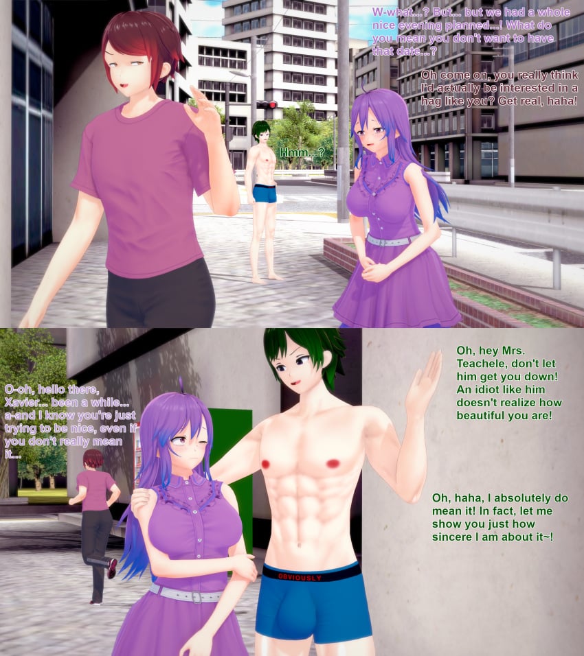 1girls 2boys 3d abs commission english_text female green_hair koikatsu male muscular muscular_male oc original original_character purple_hair stephanie_teachele text underwear xavier_huge xavierhuge