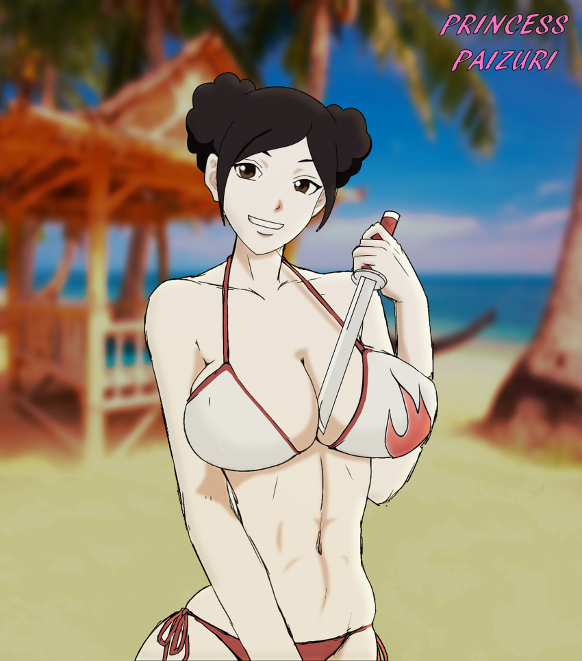 1girls bangs bare_shoulders beach bikini braid breasts brown_eyes brown_hair cleavage collarbone double_bun female female_focus female_only holding_object huge_breasts kunoichi long_hair naruto naruto:_the_last naruto_(series) ocean outdoors princess_paizuri sand short_sword smile solo swimsuit sword tenten tied_hair upper_body water weapon