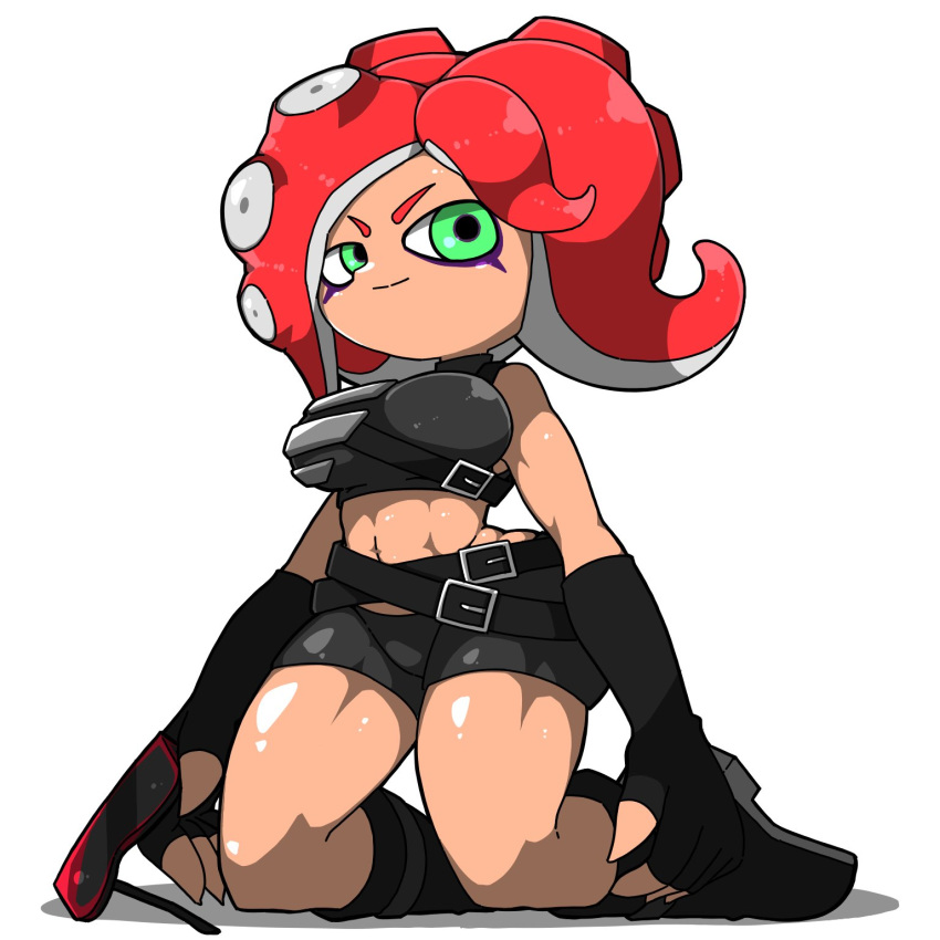 1girls abs armor belts breasts clothed clothing female fingerless_gloves green_eyes kneeling nintendo octarian octoling omoitukan2 red_hair short_shorts solo splatoon sunglasses tentacle_hair tight_clothing