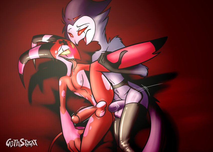 2boys 4_fingers ahe_gao anal anal_sex anthro ass avian balls beak bird blitzo_(helluva_boss) blush bodily_fluids cheating cheating_husband clothing demon drooling duo feathers fingers from_behind_position garter_belt garter_straps genitals gloves_(marking) gothstoat grey_body hand_on_leg helluva_boss hi_res horn humanoid imp legwear looking_at_another looking_pleasured male markings nipples nude open_mouth owl owl_demon pecs penetration penis raised_leg red_background red_body red_eyes saliva sex shaded shadow simple_background spoon_position spooning spots spread_legs spreading stolas_(helluva_boss) sweat tail_feathers thick_thighs thigh_highs thrusting tongue tongue_out vivienne_medrano watermark white_spots yaoi yellow_sclera