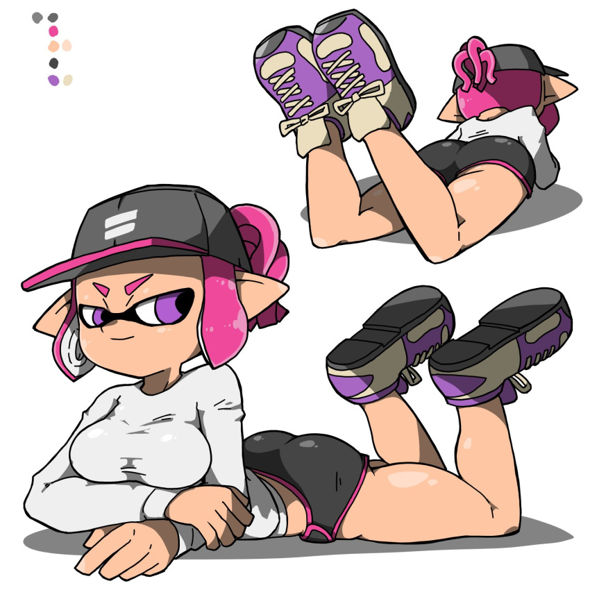 1girls ass breasts cap inkling inkling_girl laying_down long_sleeves multiple_angles nintendo omoitukan2 on_stomach pink_hair purple_eyes short_shorts shorts solo splatoon tentacle_hair the_pose tight_clothing