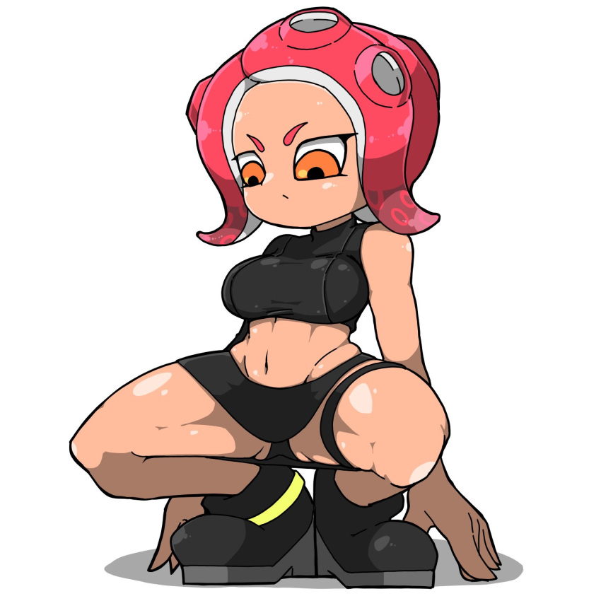 1girls agent_8_(splatoon) belly_button big_breasts boots breasts legs legs_apart legs_spread nintendo octoling octoling_girl omoitukan2 orange_eyes panties red_hair skirt splatoon splatoon_(series) splatoon_2 splatoon_2:_octo_expansion sports_bra spread_legs squatting thick thick_thighs thighs tight_clothing tight_topwear