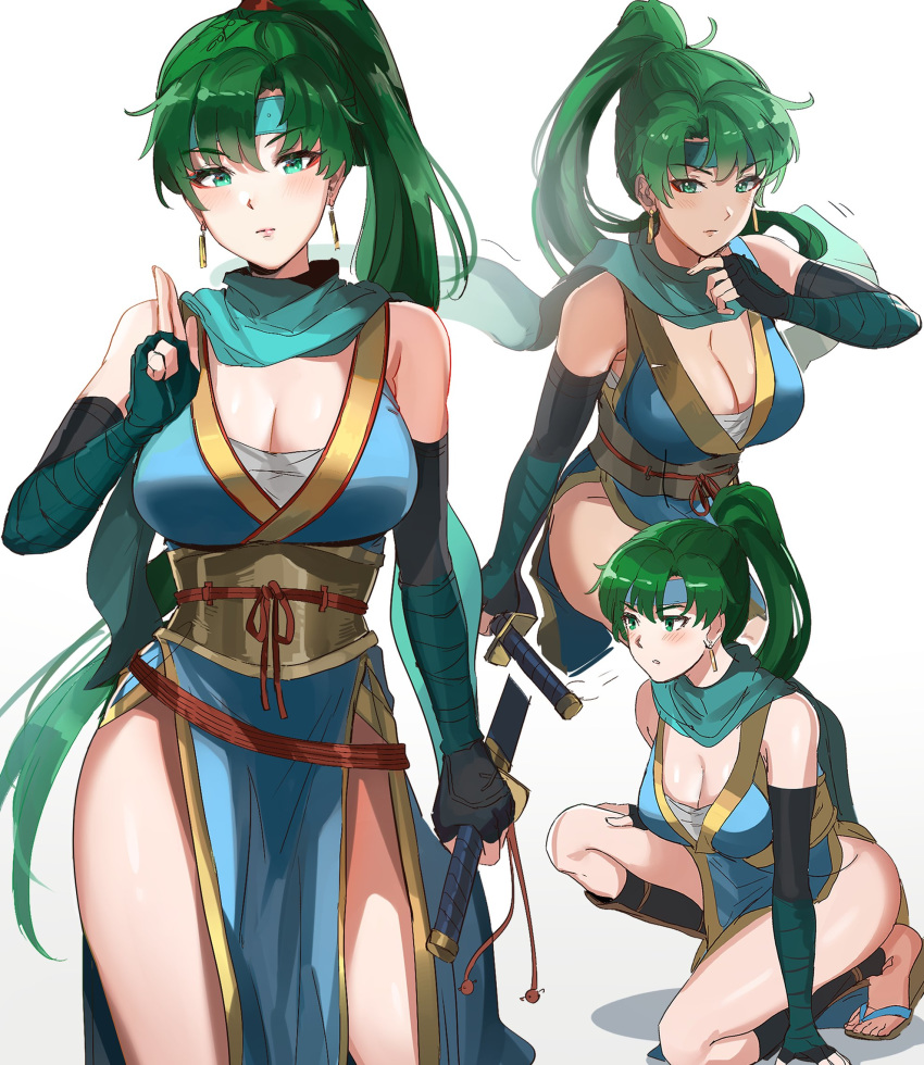 bandaged_arm bandages bangs bare_legs bare_shoulders blue_kimono blue_scarf breasts cleavage closed_mouth earrings elbow_gloves eyebrows_visible_through_hair female fingerless_gloves fingers_together fire_emblem fire_emblem:_the_blazing_blade fire_emblem_heroes gloves green_eyes green_hair headband high_ponytail highres holding holding_sword holding_weapon japanese_clothes jewelry kimono kunoichi large_breasts long_hair looking_at_viewer lyn_(fire_emblem) lyn_(ninja)_(fire_emblem) ninja ninpo nintendo obi obijime ormille pelvic_curtain reverse_grip sarashi sash scarf shin_guards sleeveless sleeveless_kimono slippers squatting standing sword thighs weapon