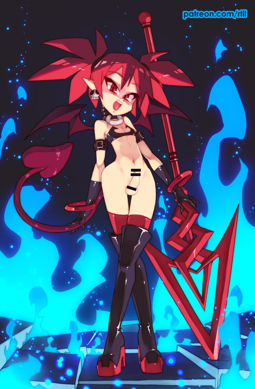 1futa absurdres balls bar_censor bare_shoulders black_footwear black_gloves blue_fire boots bottomless breasts censored collar commentary crossed_legs demon_girl demon_tail demon_wings disgaea earrings etna female fire full_body futa_only futanari gloves high_heel_boots high_heels highres humanoid jewelry looking_at_viewer nippon_ichi_software pale_skin penis planted_weapon pointy_ears polearm red_eyes red_hair red_legwear rtil skull_earrings small_breasts solo solo_futa spear standing tail testicles thigh_boots thigh_gap thighhighs thighhighs_under_boots twintails watson_cross weapon wings