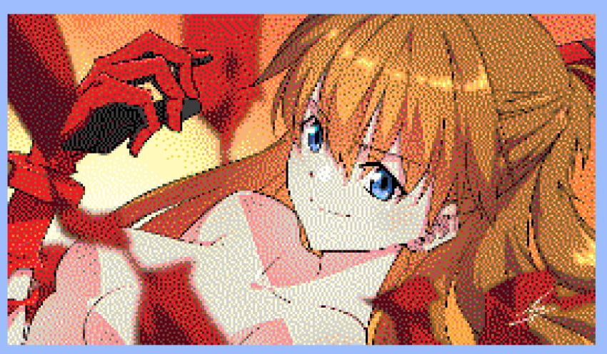 1girls absurdres artist_request asuka_langley_sohryu blue_eyes blurry blurry_background blurry_foreground bodysuit breasts closed_mouth collarbone commentary convenient_censoring dutch_angle female hair_between_eyes hairpods high-angle_view highres interface_headset long_hair looking_at_viewer neon_genesis_evangelion orange_hair pilot_suit pixel_art plugsuit red_bodysuit signature small_breasts smile solo split_mouth torn_bodysuit torn_clothes upper_body wplace yasu_(pixiv)