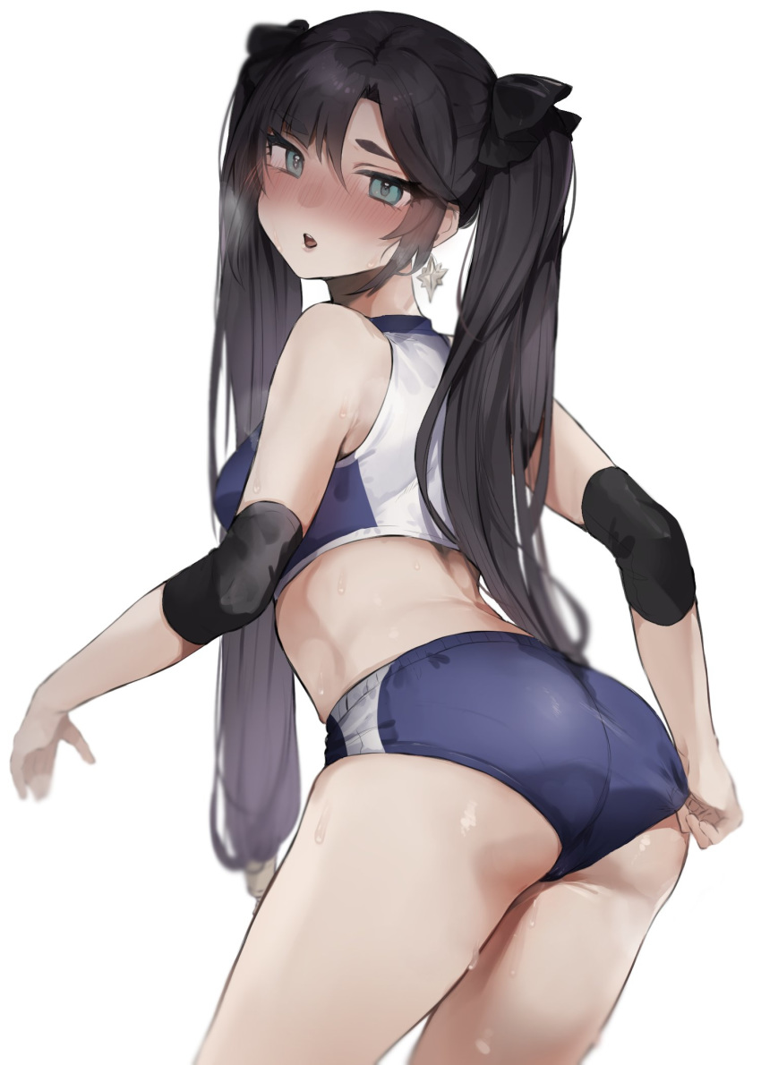 adjusting_clothes black_hair blush cameltoe elbow_pads genshin_impact hair_ribbon heavy_breathing kiyomasa_(dangan) looking_at_viewer looking_back looking_over_shoulder mona_(genshin_impact) short_shorts shorts sportswear sweat tagme twintails