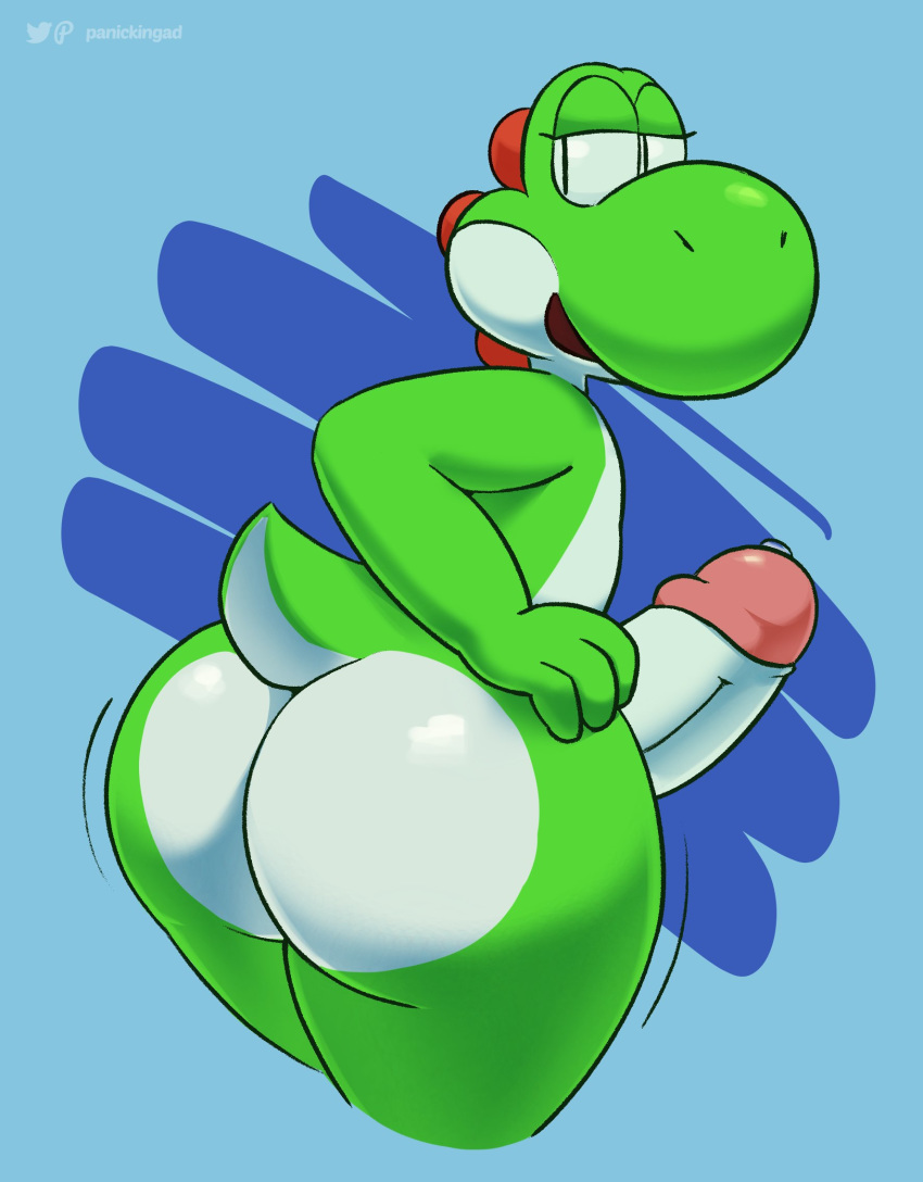 1boy 2020 anthro ass big_butt big_penis bodily_fluids digital_media_(artwork) dinosaur erection genital_fluids genitals green_yoshi hand_on_hip hi_res huge_butt huge_cock humanoid_genitalia humanoid_penis looking_back male male_only mario_(series) motion_lines nintendo nude open_mouth panickingad penis precum presenting presenting_hindquarters reptile scalie simple_background smile solo thick_thighs video_games wide_hips yoshi