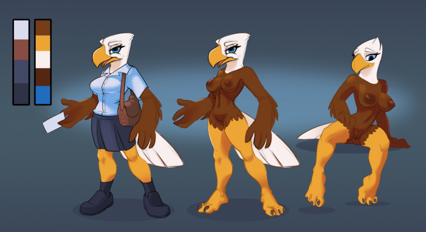 1girls 2018 accipitrid accipitriform anthro avian bald_eagle beak bird bottomwear breasts brown_body brown_feathers clothed clothing delivery_(commerce) delivery_employee dress_shirt eagle feathers female female_only front_view fully_clothed genitals model_sheet non-mammal_breasts nude off/on postal_carrier postal_delivery pussy sea_eagle shirt siroc skirt solo standing topwear wendy_clarke