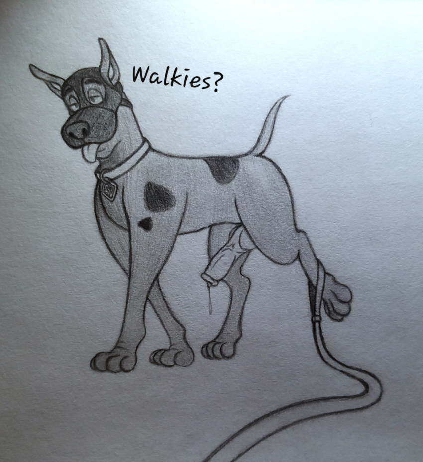 animal_genitalia animal_penis balls bodily_fluids bondage_gear canid canine canine_penis canis collar domestic_dog english_text erection feral foxyhunter genital_fluids genitals hanna-barbera hi_res knot leaking leash male male_only mammal mask monochrome penis petplay precum roleplay scooby-doo scooby-doo_(character) solo testicles text traditional_media_(artwork)