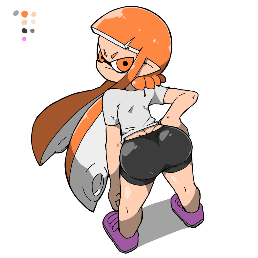 1girls angry_eyes anthro ass back_view bent_over bike_shorts cephalopod cephalopod_humanoid clothed clothing hi_res humanoid inkling inkling_girl kaori_(splatoon) looking_back mask_(marking) nintendo omoitukan2 orange_eyes orange_hair pointy_ears shorts solo splatoon squid standing tentacle tentacle_hair tight_clothing