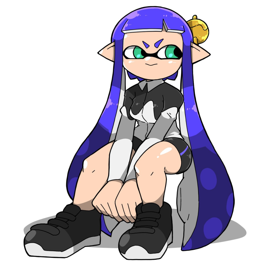 1girls blue_hair cyan_eyes dress_shirt inkling inkling_girl nintendo omoitukan2 sitting splatoon splatoon_2 tentacle_hair tight_shorts