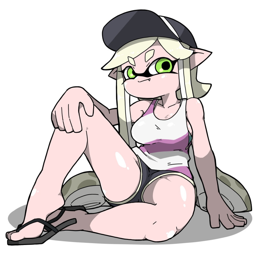 1girls cap flip_flops green_eyes inkling inkling_girl legs_spread nintendo omoitukan2 sandals short_shorts sitting splatoon splatoon_2 tank_top tentacle_hair white_hair