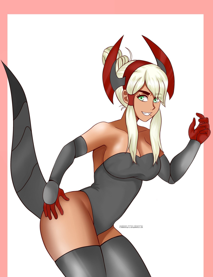 bangs beauty_mark buttplug_tail costume dark-skinned_female dark_skin double_bun gloves green_eyes haxorus haxorus_(cosplay) headband implied_anal large_breasts leotard libelle_(narutsuart) narutsuart oc original original_character platinum_blonde_hair pokemon pokemon_(cosplay) thighhighs