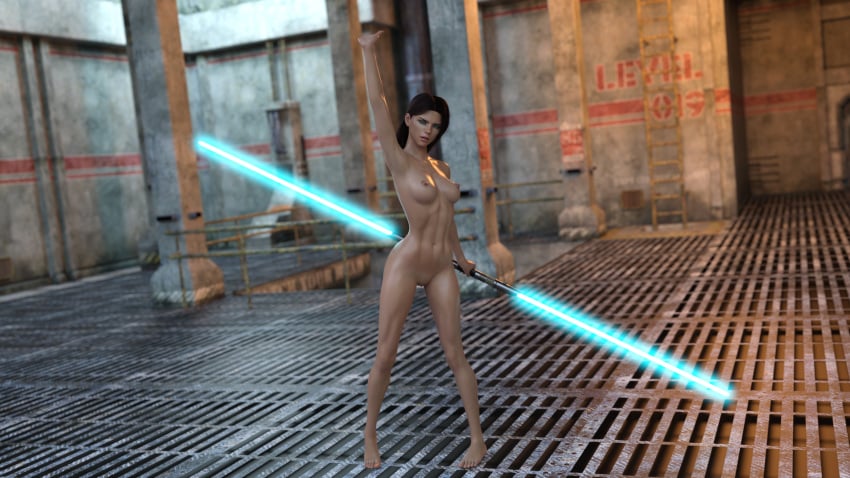 1girls 3d armpit belly black_hair blue_eyes double_bladed_lightsaber erect_nipples female fit fit_female jedi king-of-the-dome lightsaber medium_breasts naked nude nude_female one_arm_up original_character pussy shaved_pussy star_wars