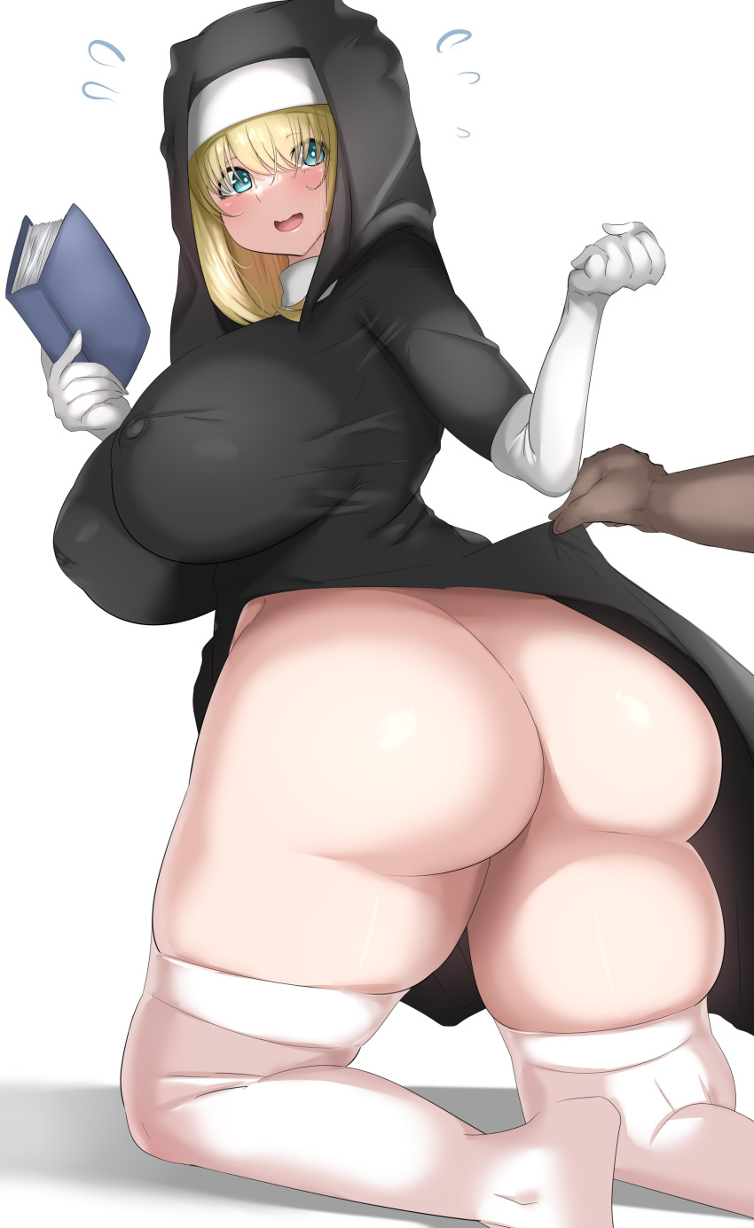 1girls absurd_res ass blonde_hair blush book breasts dark-skinned_male female gloves hi_res high_resolution huge_ass huge_breasts hyuuman nun original pale-skinned_female surprised thick_thighs thighhighs thighs very_high_resolution