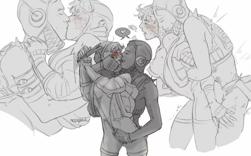 1boy 1girls apex_legends blush from_behind kiss kissing lichtenberg_figure monochrome nessepack octane_(apex_legends) scar sex tagme undressing unzipping wattson_(apex_legends)