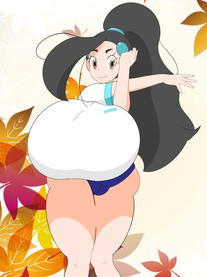 1girls alternate_breast_size alternate_hairstyle big_breasts black_hair blush breasts brown_eyes cameltoe candice_(pokemon) clothed clothed_female eyelashes female female_only gym_clothes gym_shirt gym_shorts gym_uniform huge_breasts long_hair nintendo nuruudon pale-skinned_female pale_skin pokemon pokemon_dppt ponytail shirt short_shorts shorts smile solo solo_female standing stretching thick_thighs voluptuous white_shirt wide_hips