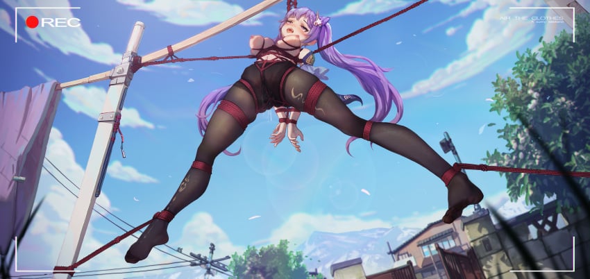 1girls bondage female female_only genshin_impact ice_(ice_aptx) keqing_(genshin_impact) pantyhose red_rope rope rope_bondage solo stationary_restraints tagme thick_thighs twintails