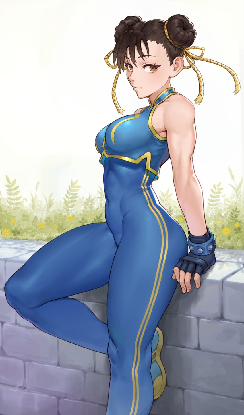 1girls bent_leg brown_eyes brown_hair capcom cheshirrr chun-li clothing female female_only fingerless_gloves hair_bun highres leaning_back looking_at_viewer midriff solo solo_female spiked_bracelet street_fighter toned toned_female