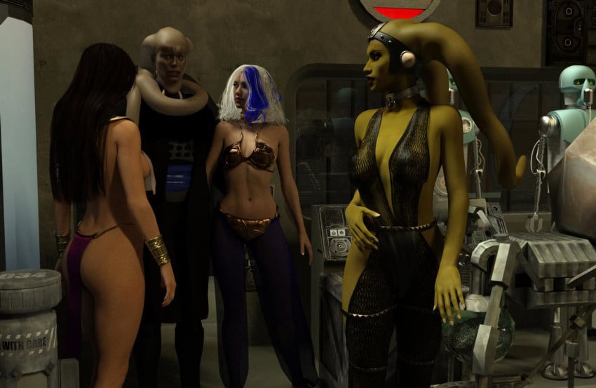 1boy 2-1b_surgical_droid 3d 3girls alien alien_boy alien_girl alien_humanoid belly belly_dancer belly_dancer_outfit betrayed_to_jabba bib_fortuna blue_hair breast_curtains brown_hair cathryne_(dazinbane) dancer dancer_outfit dazinbane droid enslaved_royal female fishnets green-skinned_female green_skin harem harem_girl harem_outfit harem_pants human humanoid jabba's_palace jess_(star_wars) large_breasts light-skinned_female light_skin long_hair male metal_bikini multicolored_hair oola return_of_the_jedi sex_slave slave slave_bikini slave_collar slave_outfit small_breasts star_wars twi'lek two_tone_hair voluptuous voluptuous_female white_hair